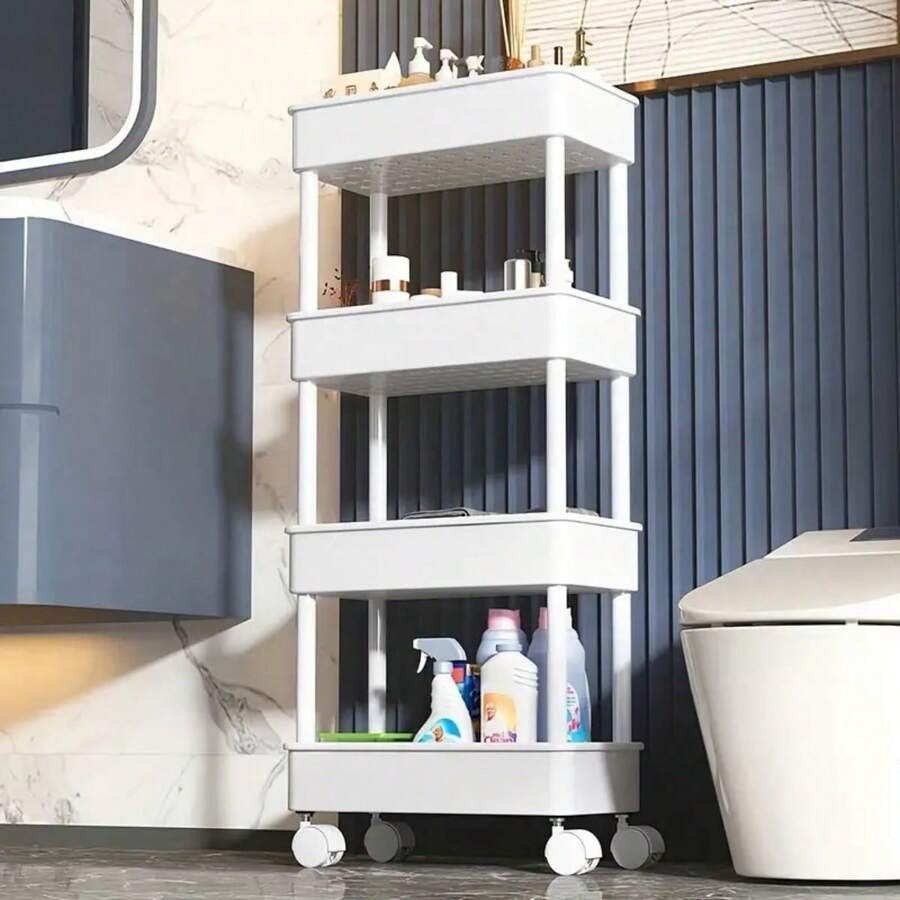 4-Tier Black & White Rolling Storage Cart With Wheels – Rattan-Style Plastic Organizer For Bedroom, Kitchen, Bathroom & Office | Mobile Shelf For Books, Snacks, Cosmetics & Tools Home Organization Essential For Renters, Students & Minimalists - White Thickened - View 1