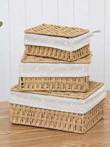 3pcs/1pc Hand-Woven Storage Basket, Wicker Display Basket, Suitable For Cosmetics, Keys, Snacks, Fruit, Living Room, Entryway, Bedroom, Kitchen, Cabinet, Room Decor, Wedding Gift Basket, Easter Basket, Autumn Decor, Back To School And Holiday Gifts - Brown - View 8