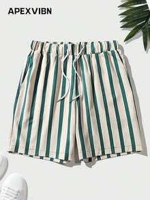 Men's Retro Striped Print Casual Shorts, American Streetwear Style - Multicolor - View 2