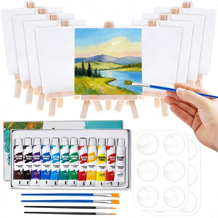 47-Piece Mini Canvas & Easel Acrylic Paint Set, Complete Art Kit With 12 Acrylic Paints, 10 Brushes, 5 Palettes & 10 4x4 Inch Canvases & Easels, Ideal Gift For Art Crafts, Parties & Creative Projects - A - 查看 1