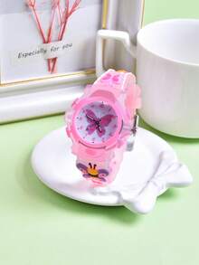 2pcs/Set Gift Cartoon Kids Cute Glowing Butterfly Soft Silicone Strap Pointer Quartz Watch, Creative Pattern For Girl Student - Pink - View 7
