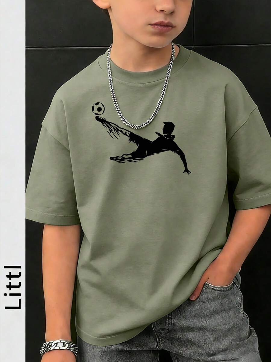 Camiseta de cuello redondo de manga corta con estampado informal para niños preadolescentes, top de verano - Verde - Ver 1