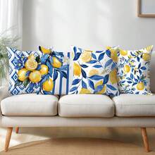 4 pièces Set de simples housses de coussin rayées bleues et citrons pour usage quotidien, en matériau velours pêche imprimé sur un seul côté, tailles 45*45/50*50/40*40CM. Convient pour la décoration minimaliste moderne de salon, cadeau, décoration de fête. - Multicolore - Voir 9