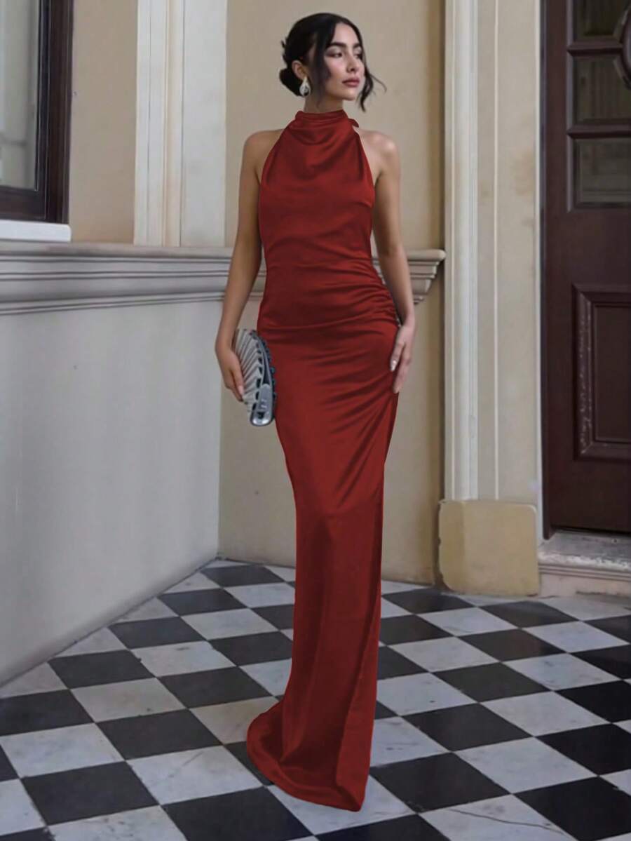 Basrey New Elegant Red Solid Color Tie Neck High Waist Backless Cocktail Dress, Mermaid Dress, Long Dress, Suitable For Wedding, Party, Date And Other Occasions, Valentine's Day Spring