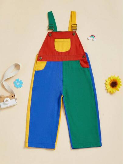 Mono de mezclilla para niños, sin mangas, con cuello cuadrado, largo completo y tirantes ajustables, en color contrastante