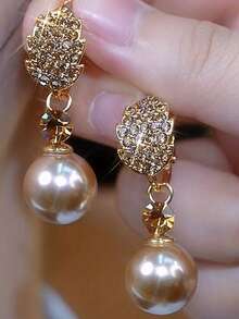 2026新款优雅百搭微镶叶子和仿珍珠耳环，奢华独特耳环 - 彩色 - 查看 3