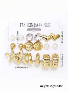 9 Pairs Fashion Gold Tone Earring Set, Minimalist Heart & Starfish Design Thick Earrings, Paired With Pearl & Crystal Stud Earrings, Versatile Jewelry For Work, Date, Night Out, Beach And More - Gold - View 5