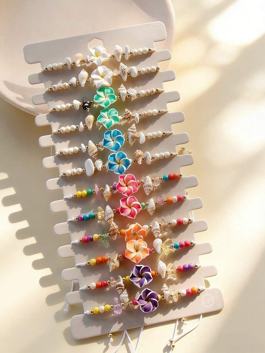 12pcs/Set Boho Style Tropical Jasmine Flower Shell Bead Bracelet Set, Suitable For Women. Colorful Hawaiian Jasmine Flower Decorated Adjustable Bracelet With Natural Shell And Acrylic Flowers, Summer Beach Holiday Accessory - Multicolor - View 1