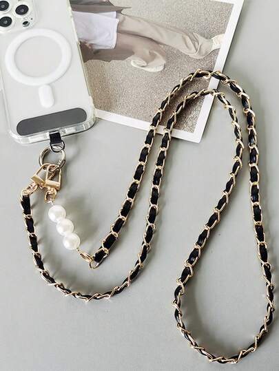 1 Set Pearl Leather Strap Lanyard, Crossbody Phone Hanging Cord, Long Strap Metal Chain, Nordic Style New Phone Lanyard For Women
