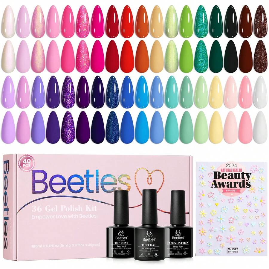Beetles 36 Colors Gel Nail Polish Set, Pastel Jelly Pink Purple White Green Glitter Gel Kit With Base & Top Coat, Nail Tools, Soak Off UV Nail Art, Salon DIY Manicure Gift For Women - 36 Colors Verse of Flower - 查看 1