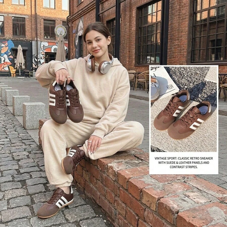 2026 女士复古休闲系带圆头运动鞋,经典棕白撞色,防滑轻便舒适,轻薄内衬,适合学生、通勤、日常穿着,大码尺码 - 棕色 - 查看 1