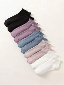 10双装白色蕾丝边透气防滑女士短袜，简约时尚 - 彩色 - 查看 2