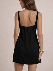 Beira Fashion Women's Short Dress With Square Neckline And Wide Straps, Elegant Casual A-Line Style - 黑色 - 查看 6