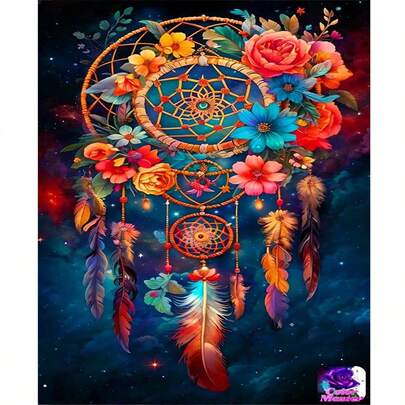 1件2D DIY钻石画捕梦网，彩色花朵羽毛星空系列DIY水钻装饰画，完美的节日礼物