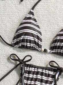 Lucky Girl Bộ bikini 3 món nữ mùa hè, quần short dây quai mảnh họa tiết kẻ sọc, thắt dây hai bên eo, đi biển nghỉ dưỡng - Trắng nâu - Xem 4