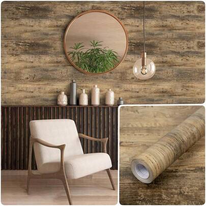 1卷经典棕色木纹纹理壁纸，45x100/300/500厘米，通用PVC壁纸，适用于家居家具翻新，防水、防潮、耐磨、覆盖力强，适合各种装饰风格
