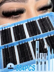 Bộ 472/584/616 sợi mi giả D Curl dạng chùm riêng lẻ kèm keo dán và chất kết dính, nhíp, cọ trang điểm, thân thiện với người mới bắt đầu, hộp mi giả dung lượng lớn phù hợp với nhiều kiểu trang điểm khác nhau, mi giả dày và bền lâu, quà tặng dành cho phái nữ. Bộ trang điểm chuyên nghiệp giúp bạn có đôi mắt đẹp. - Màu xanh Bạc hà - Xem 6