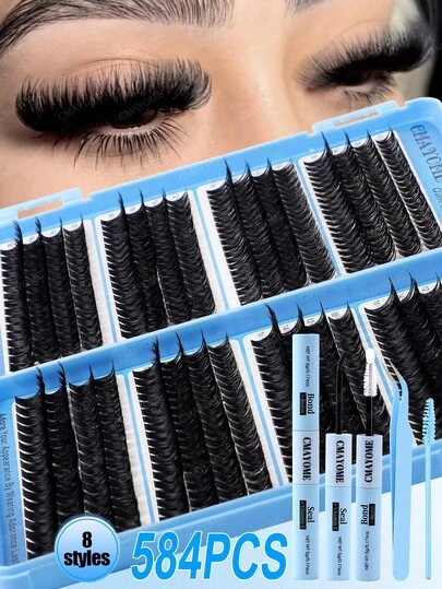 472/584/616pcs-D Curl Individual Eyelashes Clusters With Bond And Seal, Tweezers, Brush Set Beginner Friendly, High Capacity Eyelash Book Suit For Different Makeup Beauty, Long Lasting Dense False Eyelashes, Gift For Women Lash Clusters Kit.A Professional Makeup Kit To Achieve Beautiful Eye