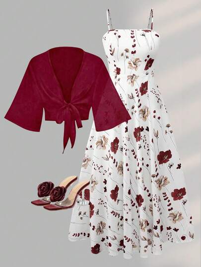 Women's Elegant Ditsy Floral Chiffon Dress With Shawl, 2 Pieces Set Spring Summer