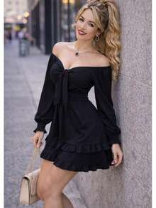 VESTIDO CORTO MANGA LARGA CON RESORTE ESTILO CAMPIRANO DOBLE OLAN TELA CEY. MOD. ELSIE - Negro - Ver 3
