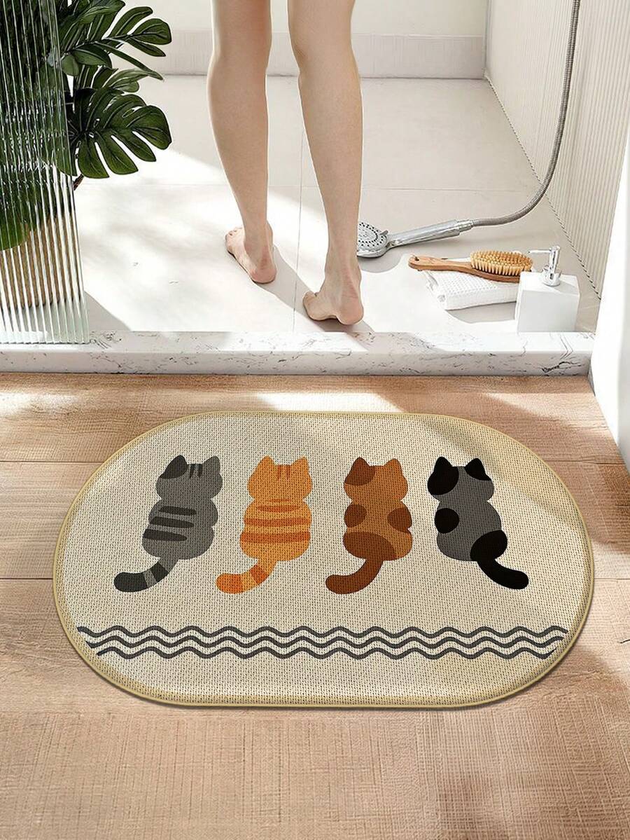 1 pieza Alfombra de baño con diseño de gato de dibujos animados, alfombra de lino, fácil de cuidar, para entrada del baño, alfombra de baño para inodoro, esencial para dormitorio, decoración de baño, decoración interior, decoración del hogar, primavera/verano, decoración navideña - multicolor - Ver 1