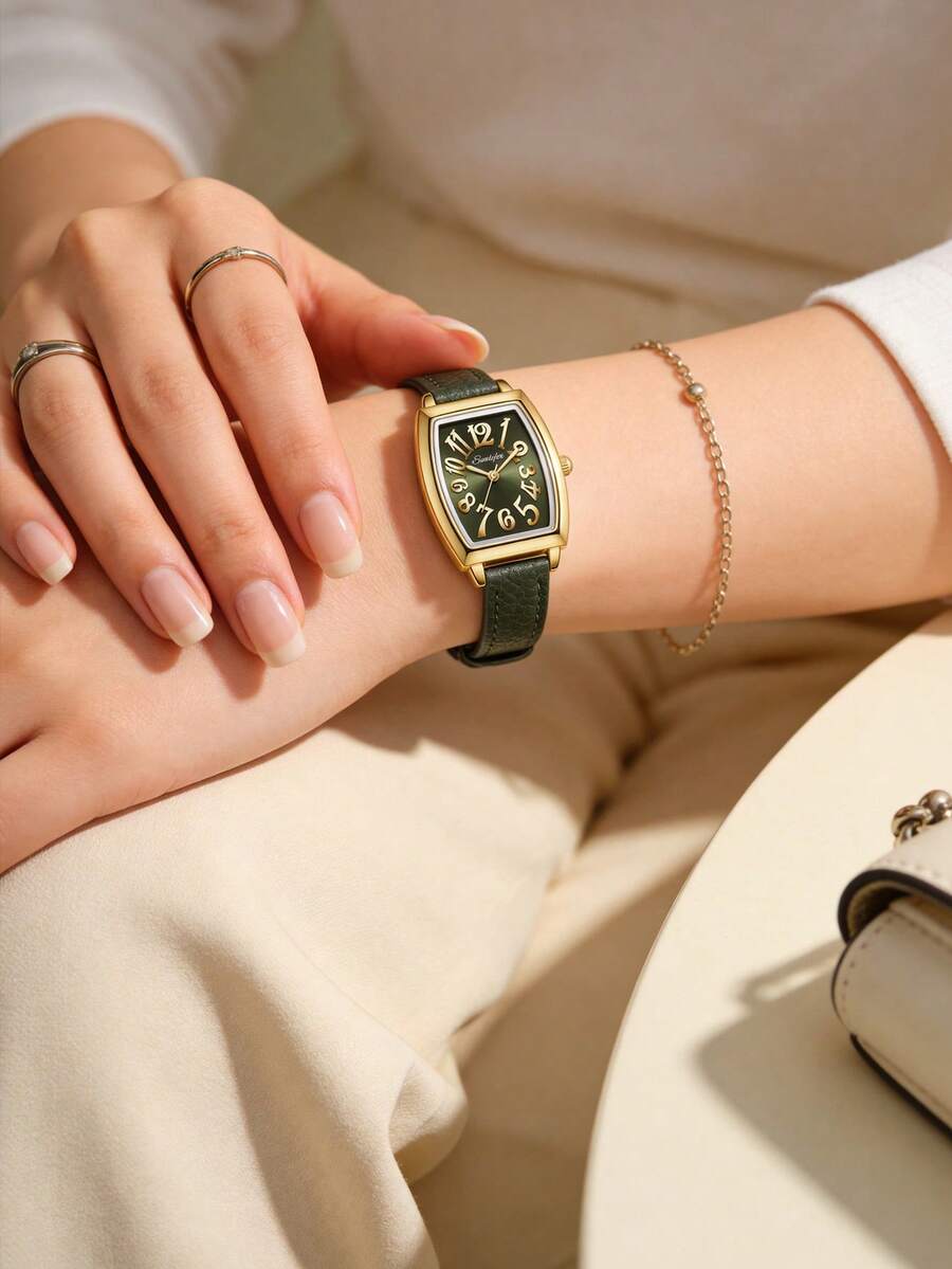 1件装奢华复古女士石英表，桶形表盘设计，金色阿拉伯数字时标，镀金合金表壳，简约优雅风格，适合日常佩戴、办公、派对、婚礼、斋月聚会等各种场合。 - 綠色 - 查看 1