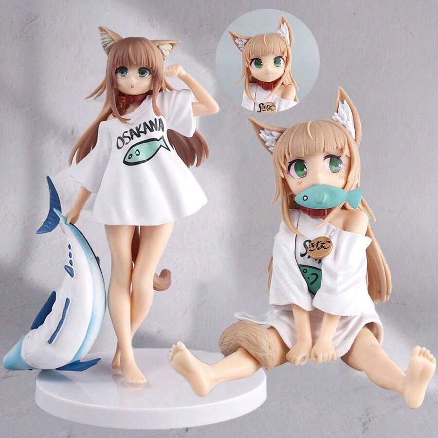 Kinopio Neko (Kinako) Anime Cat Girl Figurine, Sitting Eating Fish, Swap Face, Tassel Beaded, Exaggerated , Desktop/PC Case/Car Decor Collectible Doll For Girls & Anime Fans - Con mèo đang quỳ ăn cá: đã được đóng gói - Xem 1