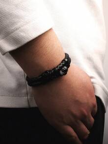 1pc Dark Skull Braided Leather Bracelet, Unisex Casual Wristband - Star - View 5