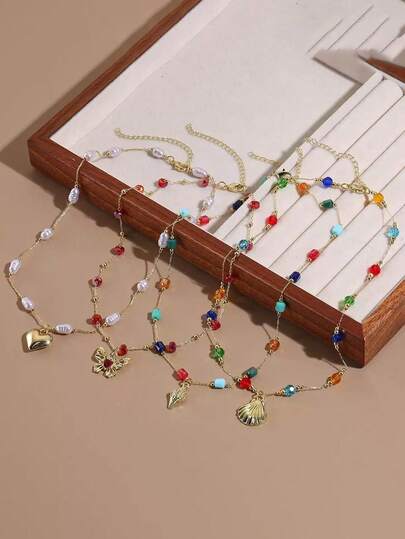 波西米亚风彩色串珠项链，海滨度假风贝壳心形吊坠，独特设计颈链