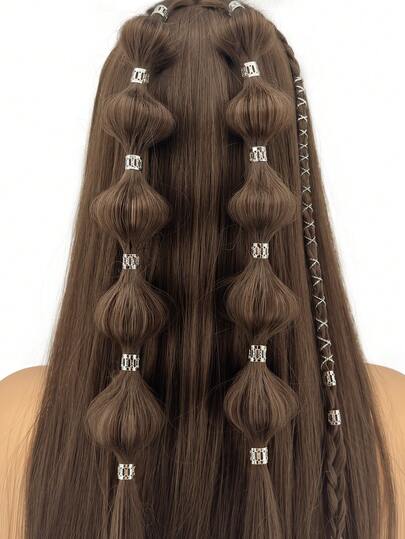 41pcs Silver Braiding Hair Rings, Contain 1 Rope Stylish Sparkling Hair Braiding Accessories For Women