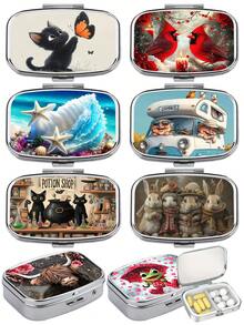 1pc Elegant Animal, Landscape, Portrait Printed Square Pill Box, Dual Grid Pill Case, Mini Portable Compact Pill Box, Travel Portable Pill Box For Pocket Or Wallet, Decorative Jewelry Earring Multi-Function Metal Box - Animal - View 2