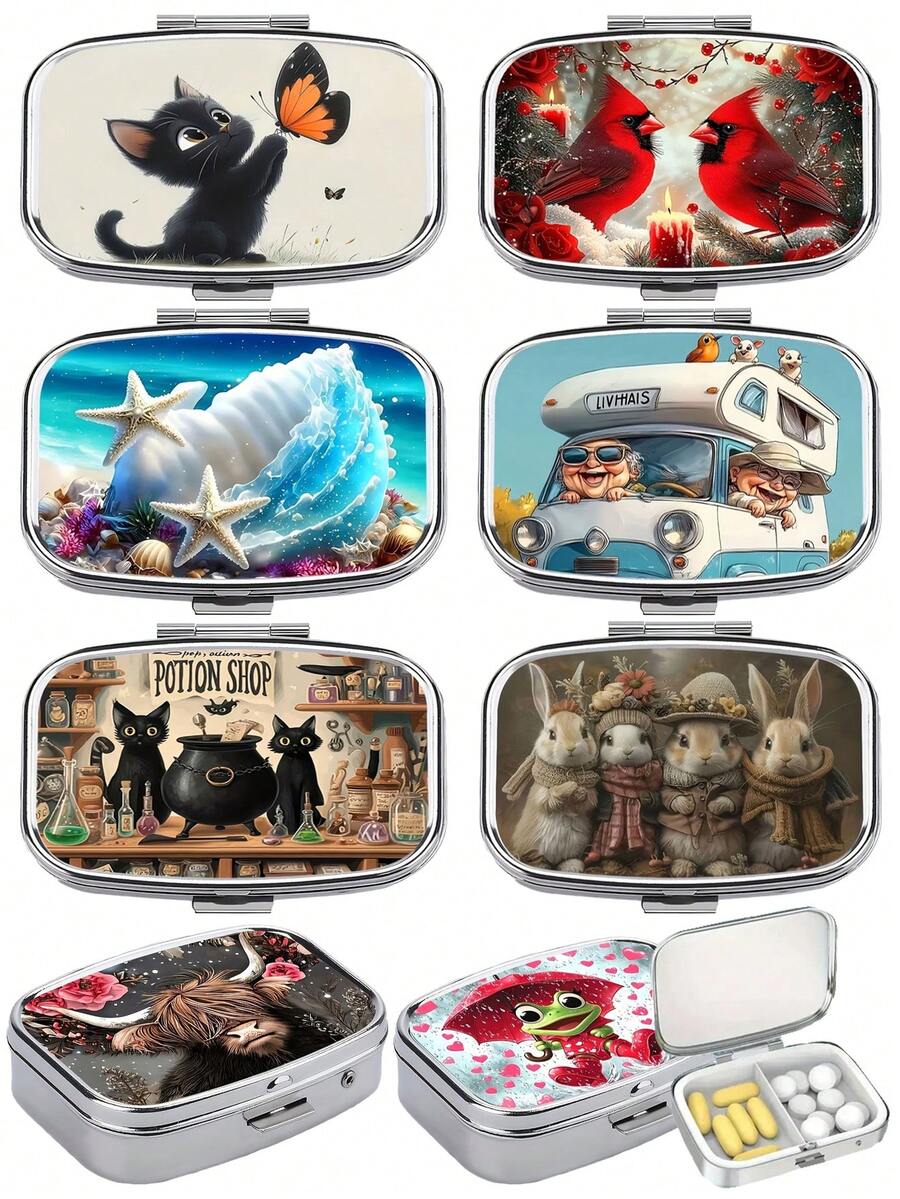 1pc Elegant Animal, Landscape, Portrait Printed Square Pill Box, Dual Grid Pill Case, Mini Portable Compact Pill Box, Travel Portable Pill Box For Pocket Or Wallet, Decorative Jewelry Earring Multi-Function Metal Box