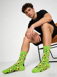 1 双男士绿色底色牛油果图案中筒袜，四季皆宜 - 彩色 - 查看 6