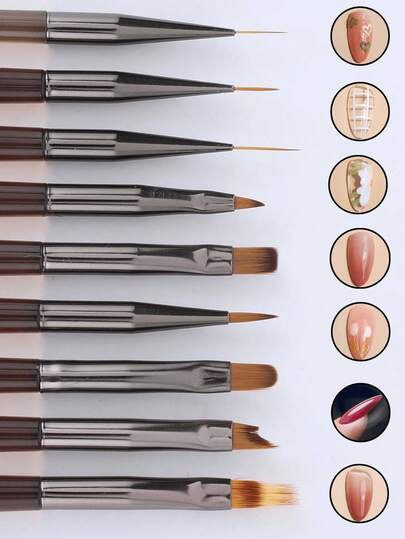 9pcs Brown-Gray Nail Art Brush Set, Including Nail Brush, Line Brush, Double-Ended Brush, Structure Brush, UV Gel Painting Brush And Gradient Brush. Suitable For Nail Salons And Home Use. Easy To Store, Suitable For Beginners, Providing Various DIY Options.