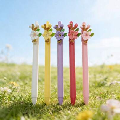 5pcs/Set Random Color Flower Stem Retractable Ball Pens, Holiday Stationery Small Gift