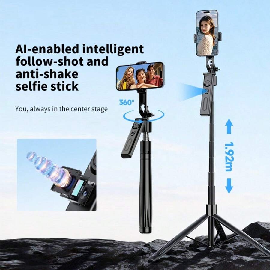 Trending 2-In-1 AI Auto Face Tracking Gimbal Selfie Stick, Extendable Bluetooth Remote Anti-Shake Stabiliser, 360° Rotation Quadripod Stand For IPhone & Android Vlog Live Stream