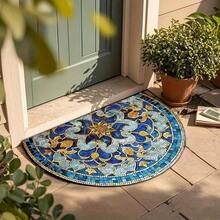 1 pieza Felpudo semicircular con diseño floral azul y dorado, felpudo de entrada, alfombra pequeña, felpudo de bienvenida, alfombra, felpudo de piso, felpudo de exterior, alfombra de cocina, decoración del hogar, felpudo de puerta principal, alfombra pequeña de área, felpudo de exterior, decoración del hogar, alfombra de área, alfombra de jardín, alfombra lavable - Multicolor - Ver 3