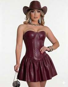 Women's Strapless Leather Dress - Burgundy - View 2