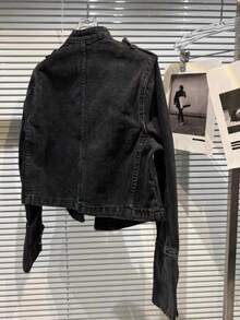 Heavy Industry Railway Short-Sleeved Denim Jacket For Women, 2026 New Fashion Round-Neck Long-Sleeved Denim Jacket - 黑色 - 查看 3