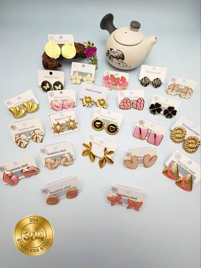1pc/5pcs/9pcs Set 304 Stainless Steel Butterfly/Leaf/Heart/Clover/Flower/Vintage Luxury Natural Style Earrings For Women. Suitable For Commuting, Various Occasions, Vacation, And Daily Shopping. Ideal For Elegant Afternoon Tea Scenes, Also Can Be Used As Birthday/Anniversary Gifts. [Random Set]