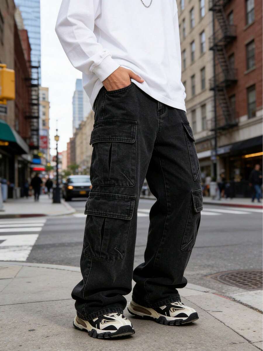 Mens Baggy Jeans Y2k Hip Hop Demin Cargo Pants Grunge Jeans Loose Fit Cargo Jeans Streetwear - màu đen - Xem 1