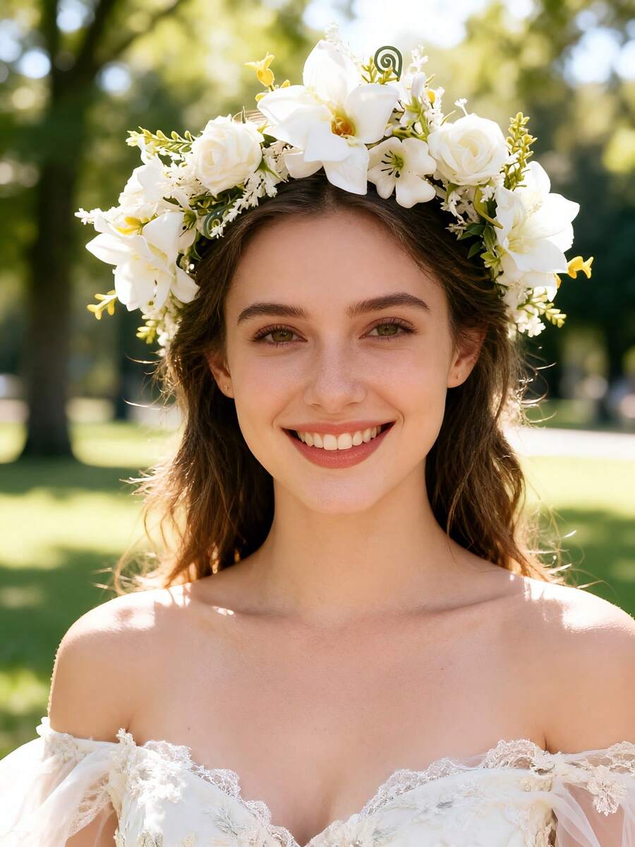 1pc Elegant Rose Flower Boho Bridal Wreath, Romantic Wedding Headpiece - White - View 1