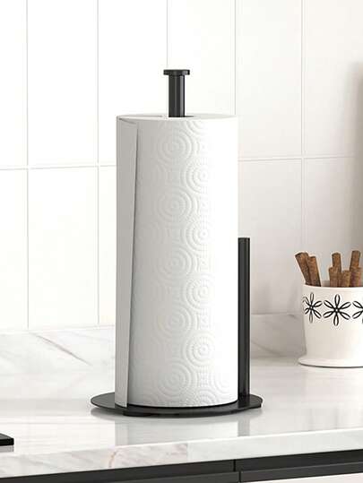 1PC Black Metal Standing Paper Towel Holder - Modern Minimalist Countertop Dispenser For Office & Workspace, One-Handed Tear Design, Sturdy Non-Slip Base, Rustproof Matte Finish, Fits Standard & Jumbo Rolls, Space-Saving Desk Organizer For Break Rooms, Cubicles, And Home Offices - Sleek Workspace Accessory To Keep Paper Towels Neatly Accessible