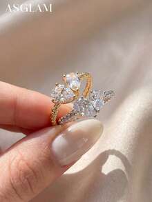 1枚奢华双梨形切割立方氧化锆戒指，925纯银单枚戒指，精致珠宝礼物，适合女孩生日、舞会等场合 - 款式1 - 查看 2