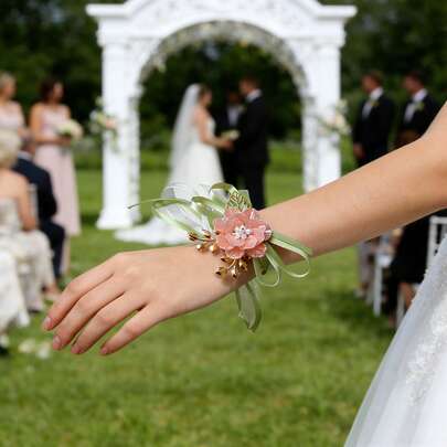 一套浪漫草坪婚礼玫瑰花粉色胸花和腕带，适合新郎新娘婚礼装饰、正式晚宴、派对等场合。