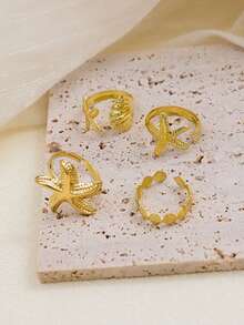 4pcs/Set Creative Starfish & Shell Design Adjustable Rings, Multi-Layer Stacking Rings, Elegant Beach Vacation Jewelry Accessories, Suitable For Summer Beach Party, Vacation, Bikini Outfit - Ideal Holiday Gift For Women - Yellow Gold - View 4