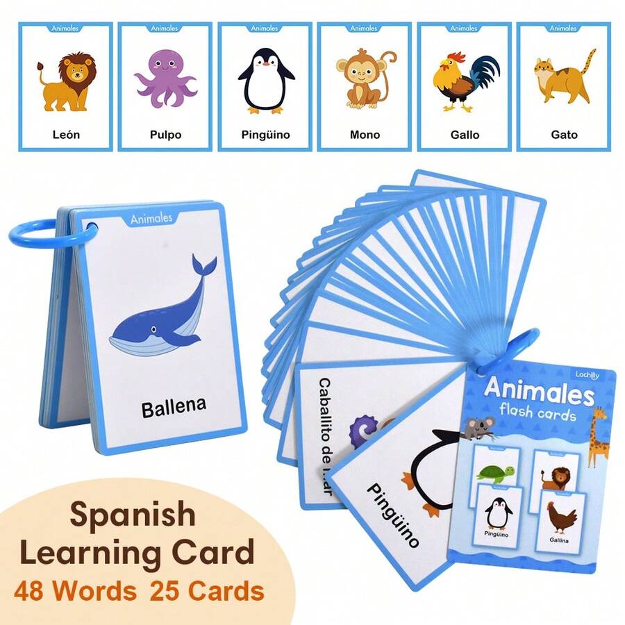 25 Cards Spanish Animal Learning Flash Cards For Kids Preschool Kindergarten Vocabulary Words Learning Cards, Montessori Teacher Must-Have, Children's Spanish Learning Materials