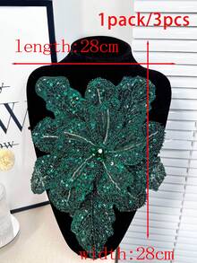 New Multilayer 3D Embroidered Crystal Beaded Floral Applique, Handmade Clothing Accessory Decor, Size: 29cm Length X 28cm Width - Dark Green - View 29