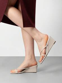 Women Square Toe Wedge Sandals Strappy Slip On Slides Flip Flop Heels Summer Casual - 裸體 - 查看 2