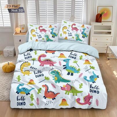 3pcs Set (1 Duvet Cover + 2 Pillowcases, No Filler), Colorful Creative Cartoon Animal Dinosaur Digital Printing Bedding Set, Soft & Skin-Friendly, Suitable For All Seasons. Available In Multiple Sizes Including Plus Size To Meet Different Needs, Suitable For All People And Rooms. Zipper Closure, Machine Washable, Excellent Bedroom Decor, Also Suitable As A Gift.